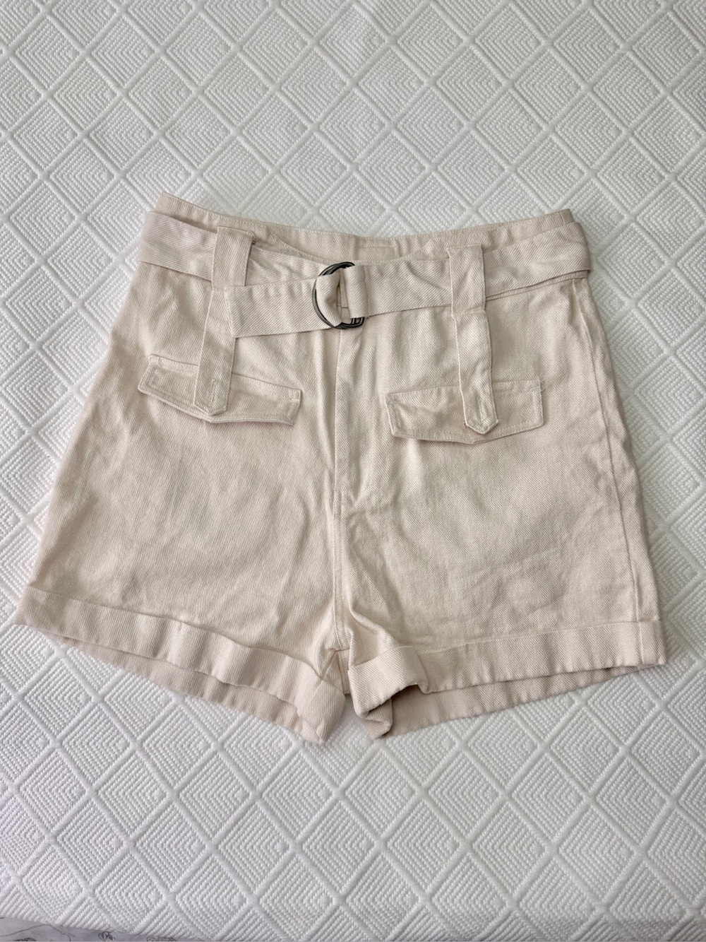 High-Rise Cream Belted Women’s Shorts Cotton S, Preppy Coastal Basics